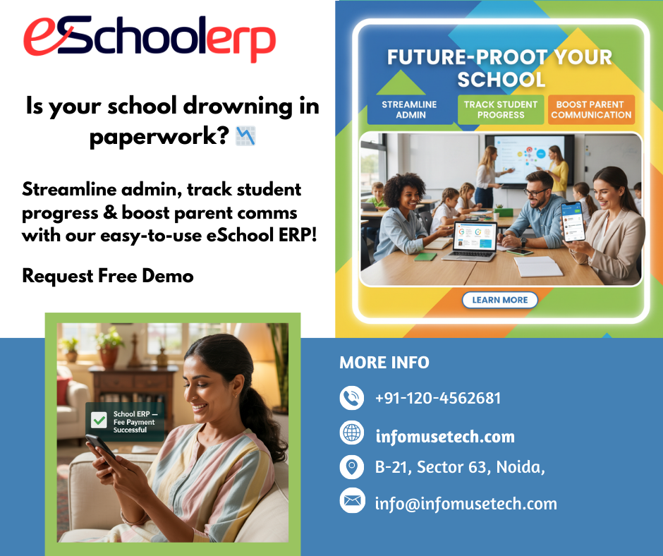 Dashboard view of a School ERP showing real-time student performance analytics and K12 animated lesson icons.